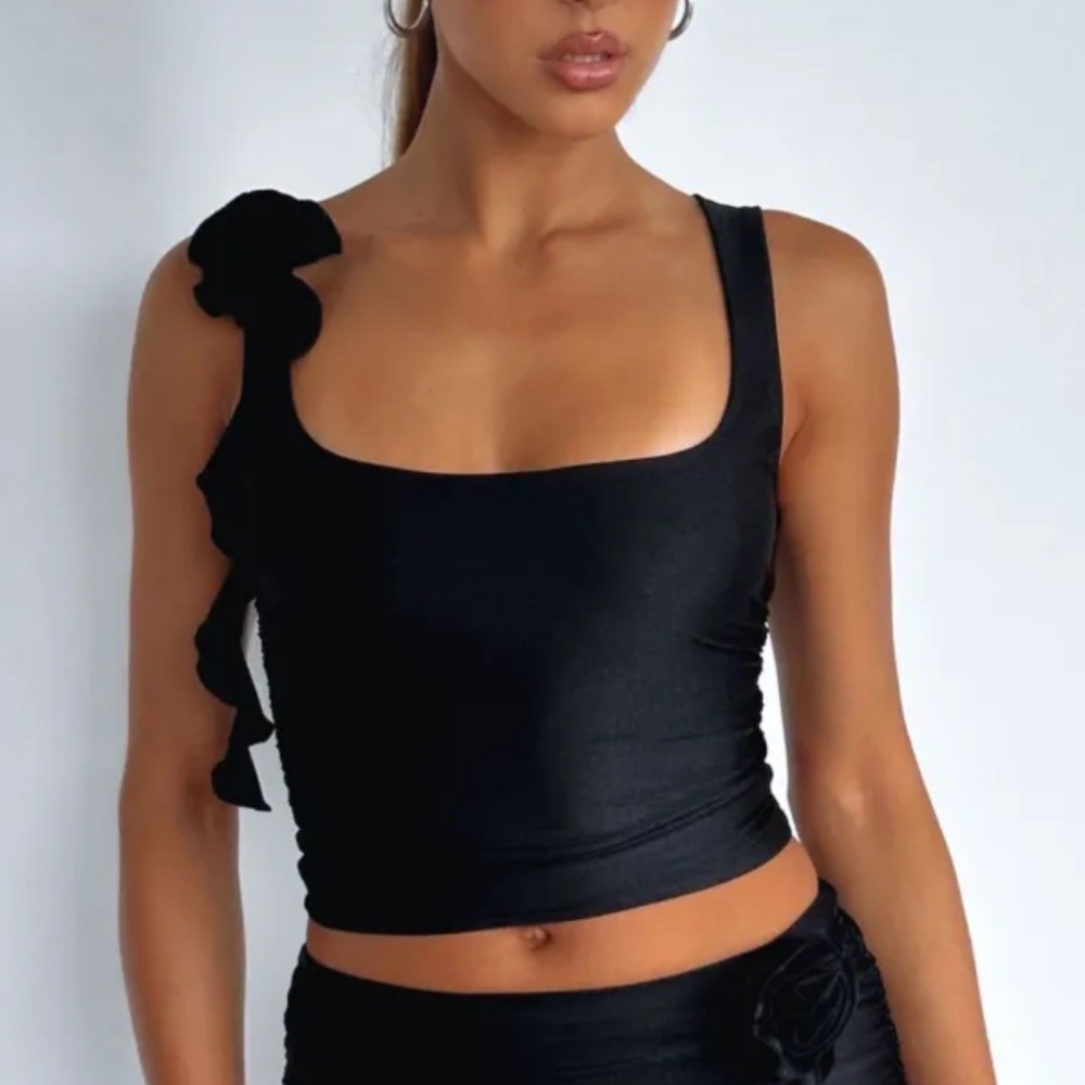 white fox black tank top w flower detail